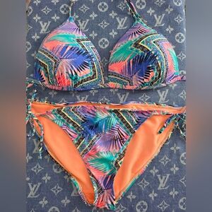Tropical Palm Leaf Print Multi-color Triangle Bikini Set With Adjustable Straps